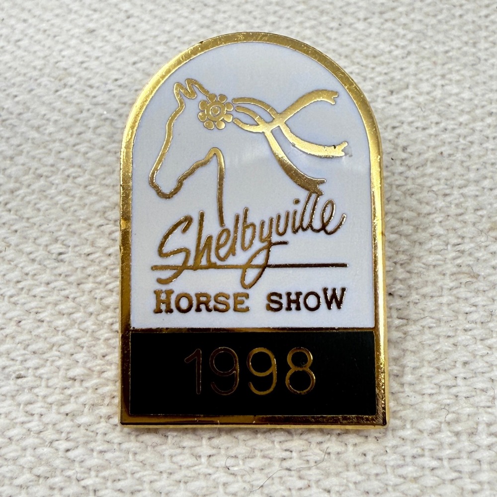Shelbyville Horse Show 1998 Souvenir Pin Gold Tone Horse Ribbon